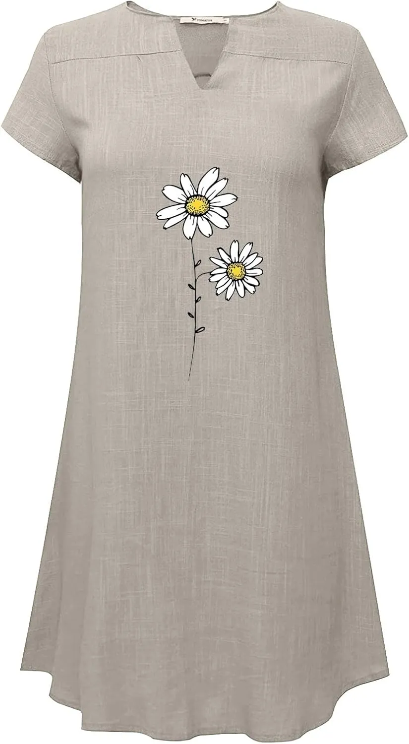 Women Summer Shirt Dress Short Sleeve Floral Printed Mini Dresses Casual Loose Cotton Linen Beach Vacation Sundress