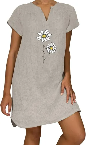 Women Summer Shirt Dress Short Sleeve Floral Printed Mini Dresses Casual Loose Cotton Linen Beach Vacation Sundress