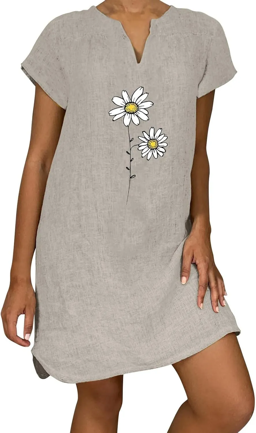 Women Summer Shirt Dress Short Sleeve Floral Printed Mini Dresses Casual Loose Cotton Linen Beach Vacation Sundress