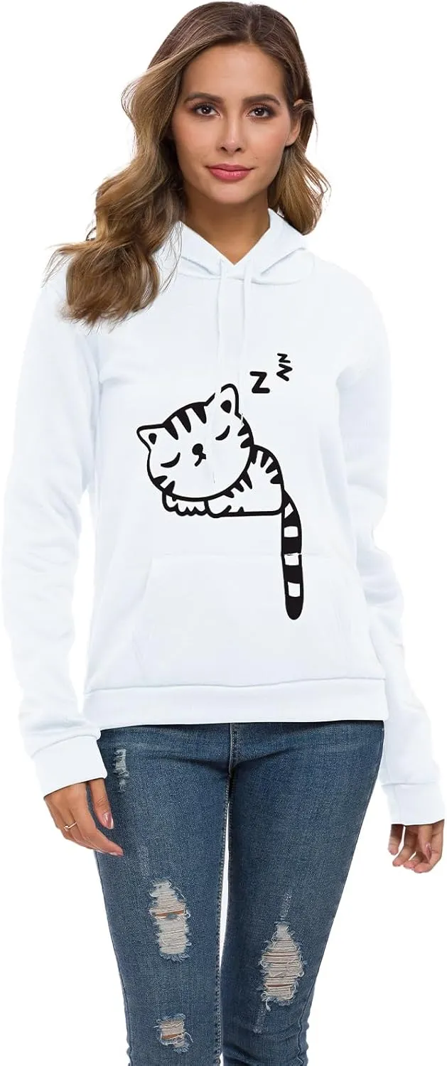 Women Teen Girls Hoodie Sweatshirt With Cute Cat Ear and Sleeping Cat Printed Pullover