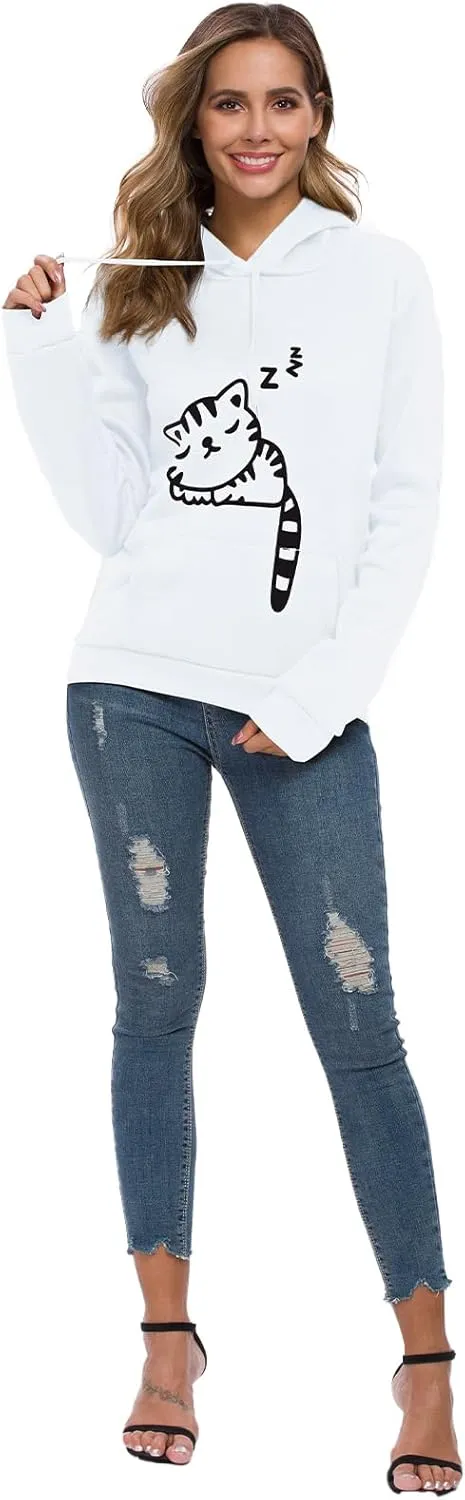 Women Teen Girls Hoodie Sweatshirt With Cute Cat Ear and Sleeping Cat Printed Pullover