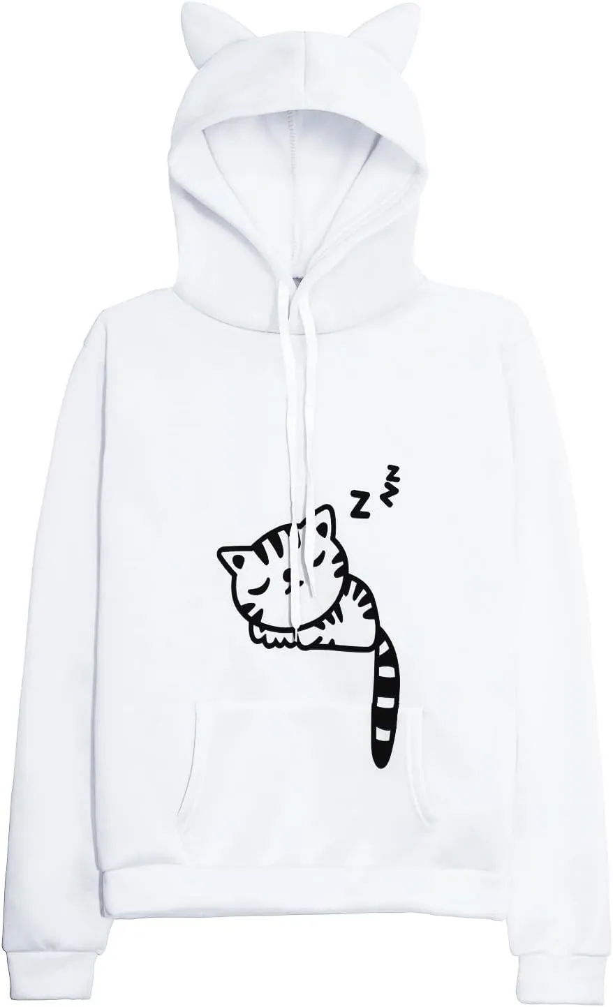 Women Teen Girls Hoodie Sweatshirt With Cute Cat Ear and Sleeping Cat Printed Pullover