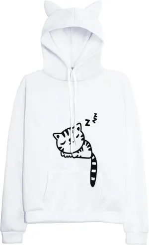 Women Teen Girls Hoodie Sweatshirt With Cute Cat Ear and Sleeping Cat Printed Pullover