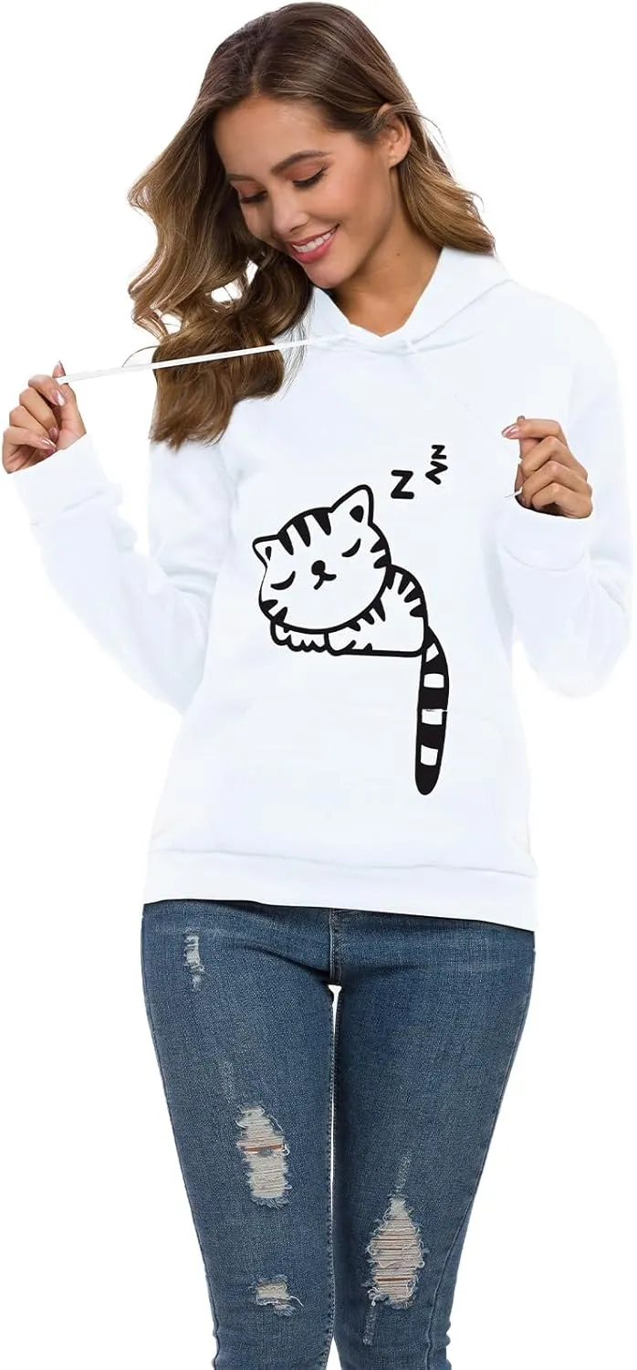 Women Teen Girls Hoodie Sweatshirt With Cute Cat Ear and Sleeping Cat Printed Pullover