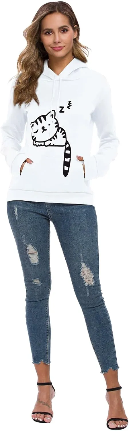 Women Teen Girls Hoodie Sweatshirt With Cute Cat Ear and Sleeping Cat Printed Pullover