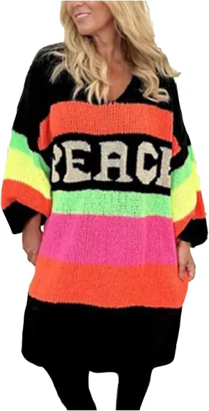 Women Trendy Oversized Sweater Dress Peace Letter Print Color Block Midi Dresses V Neck Long Sleeve Casual Knit Robe