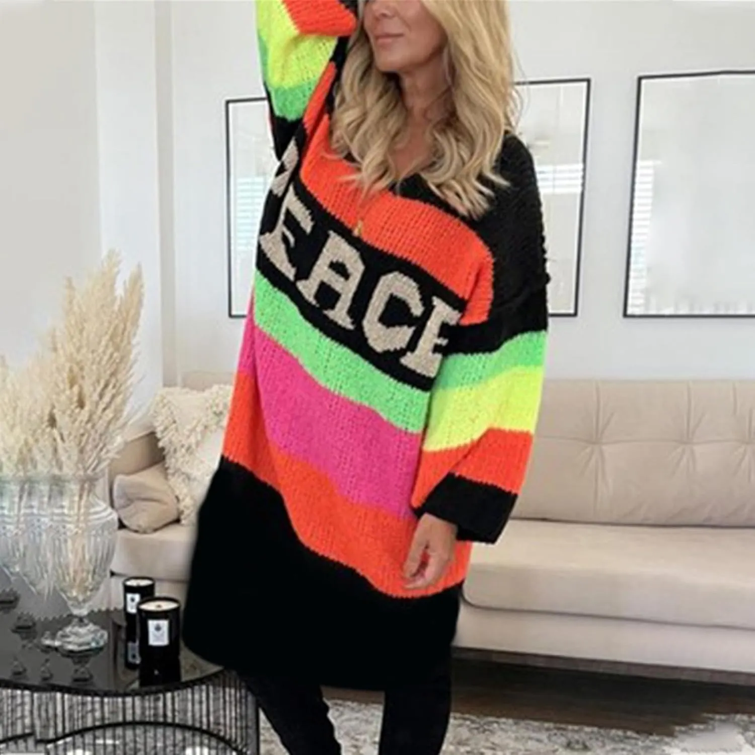 Women Trendy Oversized Sweater Dress Peace Letter Print Color Block Midi Dresses V Neck Long Sleeve Casual Knit Robe