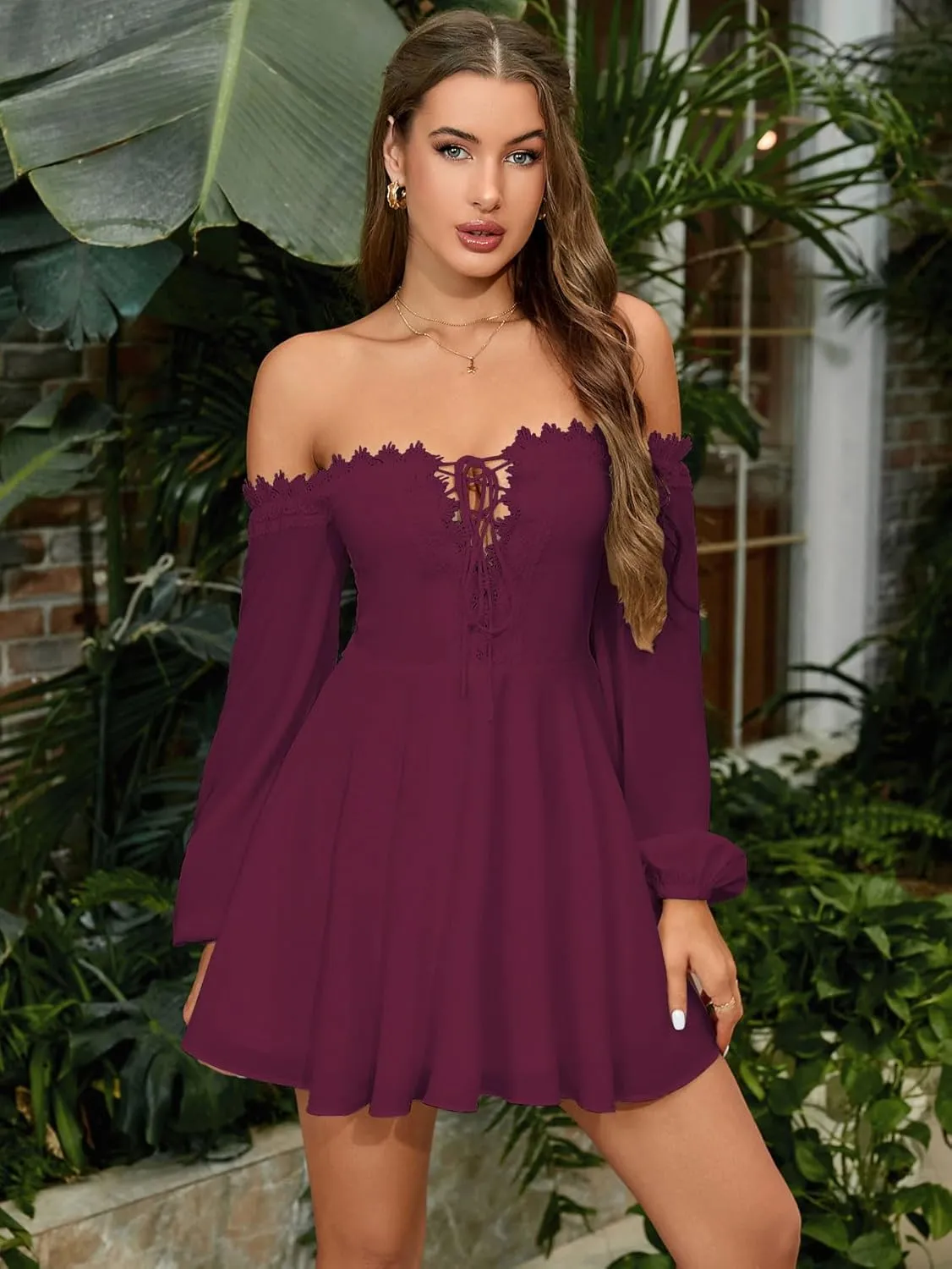 Womens 2024 Off Shoulder Flowy Mini Dress Long Sleeve Casual Corset Short Dresses