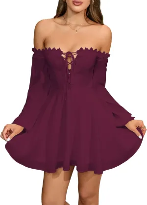 Womens 2024 Off Shoulder Flowy Mini Dress Long Sleeve Casual Corset Short Dresses