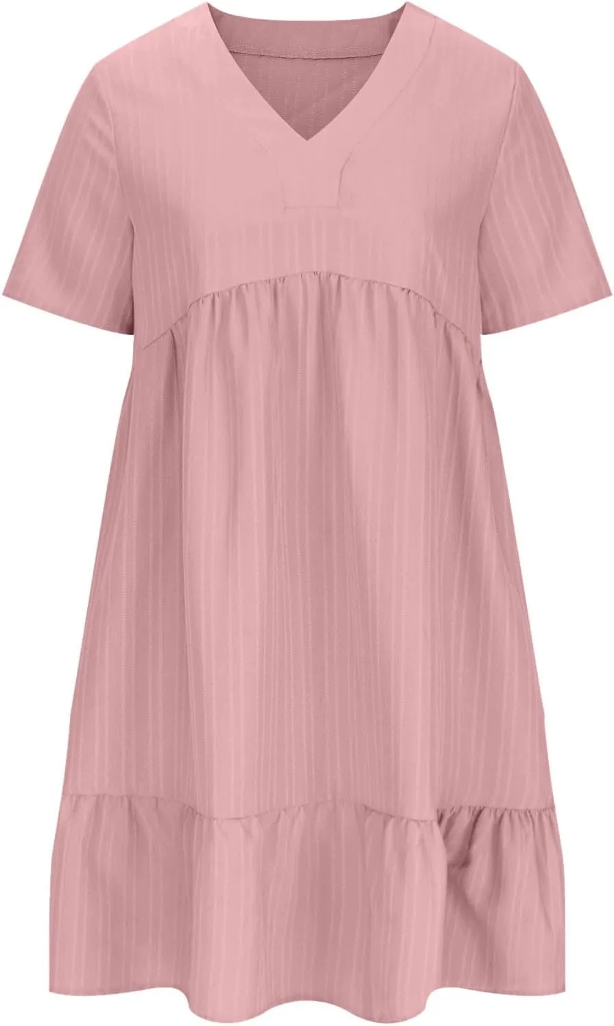 Women's 2025 Summer Short Sleeve Mini Dress Textured Fashion Beach Boho Dress V Neck Casual Ruffle Hem Swing Dress