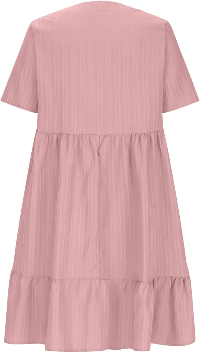 Women's 2025 Summer Short Sleeve Mini Dress Textured Fashion Beach Boho Dress V Neck Casual Ruffle Hem Swing Dress