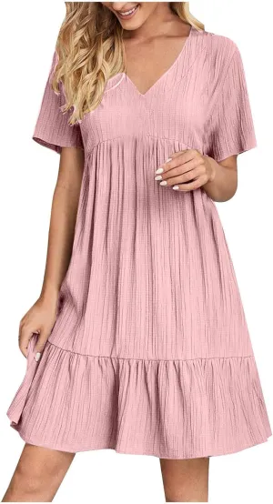 Women's 2025 Summer Short Sleeve Mini Dress Textured Fashion Beach Boho Dress V Neck Casual Ruffle Hem Swing Dress