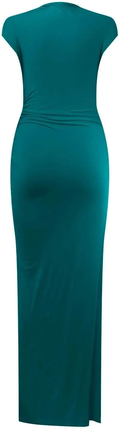 Women's Cap Sleeve Mock Neck Midi Dress High Slit Bodycon Ruched Sexy Wrap Solid Cocktail Party Dresses