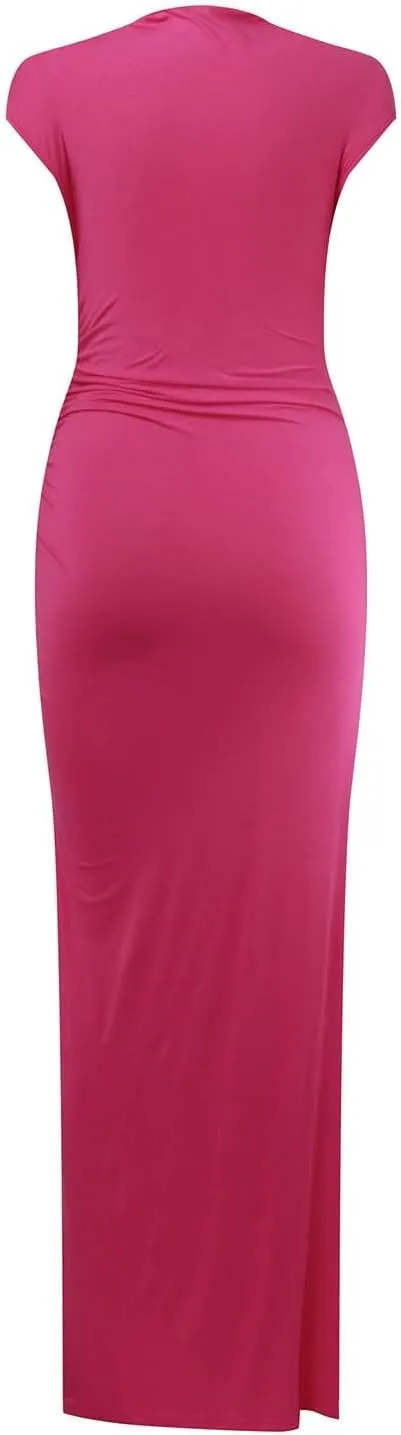 Women's Cap Sleeve Mock Neck Midi Dress High Slit Bodycon Ruched Sexy Wrap Solid Cocktail Party Dresses