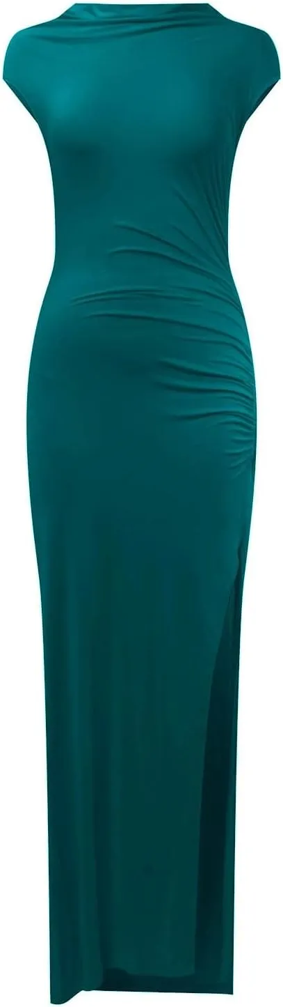 Women's Cap Sleeve Mock Neck Midi Dress High Slit Bodycon Ruched Sexy Wrap Solid Cocktail Party Dresses