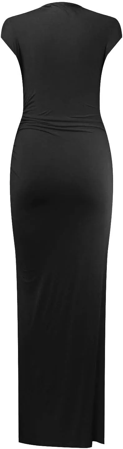 Women's Cap Sleeve Mock Neck Midi Dress High Slit Bodycon Ruched Sexy Wrap Solid Cocktail Party Dresses