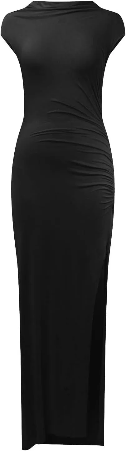 Women's Cap Sleeve Mock Neck Midi Dress High Slit Bodycon Ruched Sexy Wrap Solid Cocktail Party Dresses