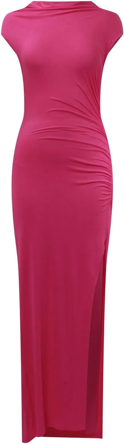 Women's Cap Sleeve Mock Neck Midi Dress High Slit Bodycon Ruched Sexy Wrap Solid Cocktail Party Dresses