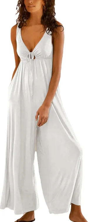 Women's Casual Loose Jumpsuits One Piece Sleeveless Wide Leg Long Pant Rompers with Pockets