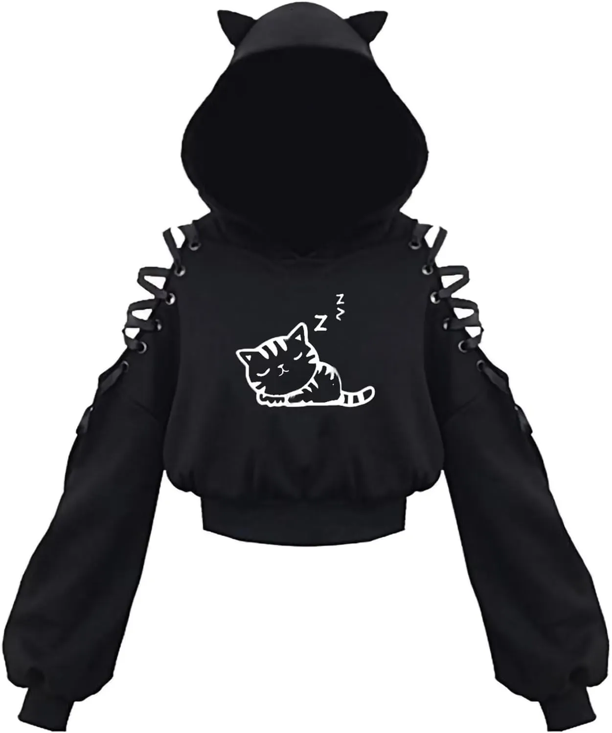 Womens Cat Ear Hoodie Sweatshirt Long Sleeve Sweater Off Shoulder Cat Cute Crop Top Hoodies Pullover