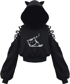 Womens Cat Ear Hoodie Sweatshirt Long Sleeve Sweater Off Shoulder Cat Cute Crop Top Hoodies Pullover