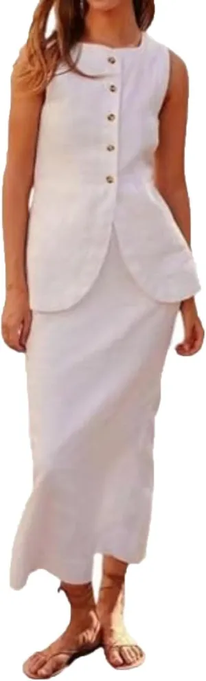 Women's Cotton Linen 2 Piece Outfits Elegant Sleeveless Blazer Vest & Midi Pencil Skirt Business Work Dress Sets