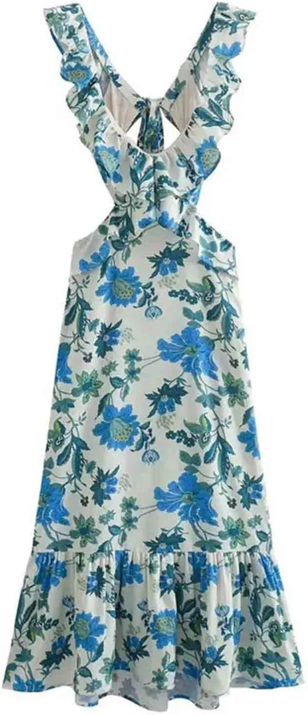 Womens Deep V Neck Halter Sleeveless Mini Dress Backless Boho Floral Print Ruffle Hem Flare Dresses Flowy Spring Summer Dress