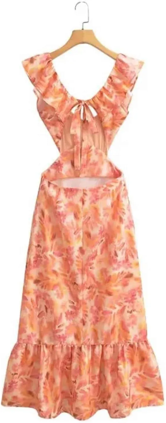 Womens Deep V Neck Halter Sleeveless Mini Dress Backless Boho Floral Print Ruffle Hem Flare Dresses Flowy Spring Summer Dress
