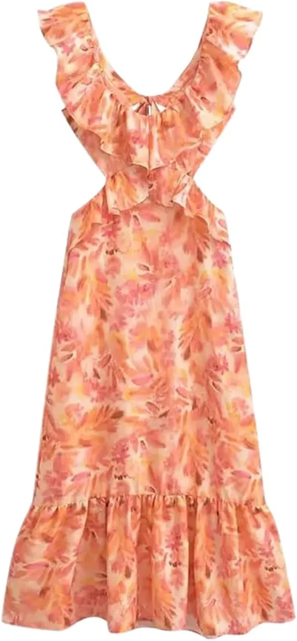 Womens Deep V Neck Halter Sleeveless Mini Dress Backless Boho Floral Print Ruffle Hem Flare Dresses Flowy Spring Summer Dress