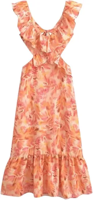 Womens Deep V Neck Halter Sleeveless Mini Dress Backless Boho Floral Print Ruffle Hem Flare Dresses Flowy Spring Summer Dress