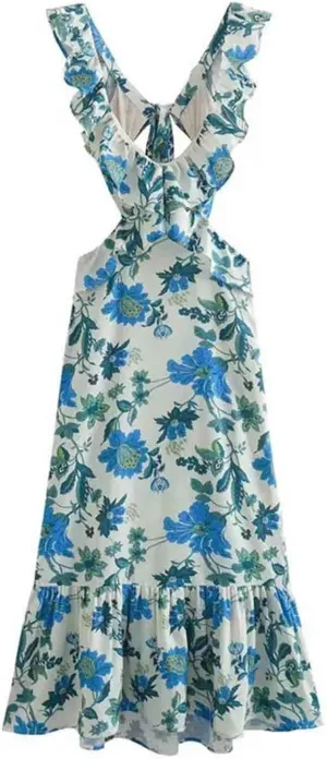 Womens Deep V Neck Halter Sleeveless Mini Dress Backless Boho Floral Print Ruffle Hem Flare Dresses Flowy Spring Summer Dress