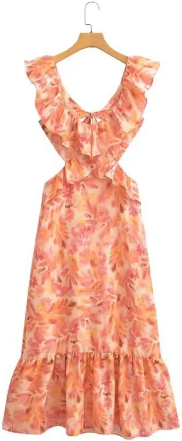 Womens Deep V Neck Halter Sleeveless Mini Dress Backless Boho Floral Print Ruffle Hem Flare Dresses Flowy Spring Summer Dress