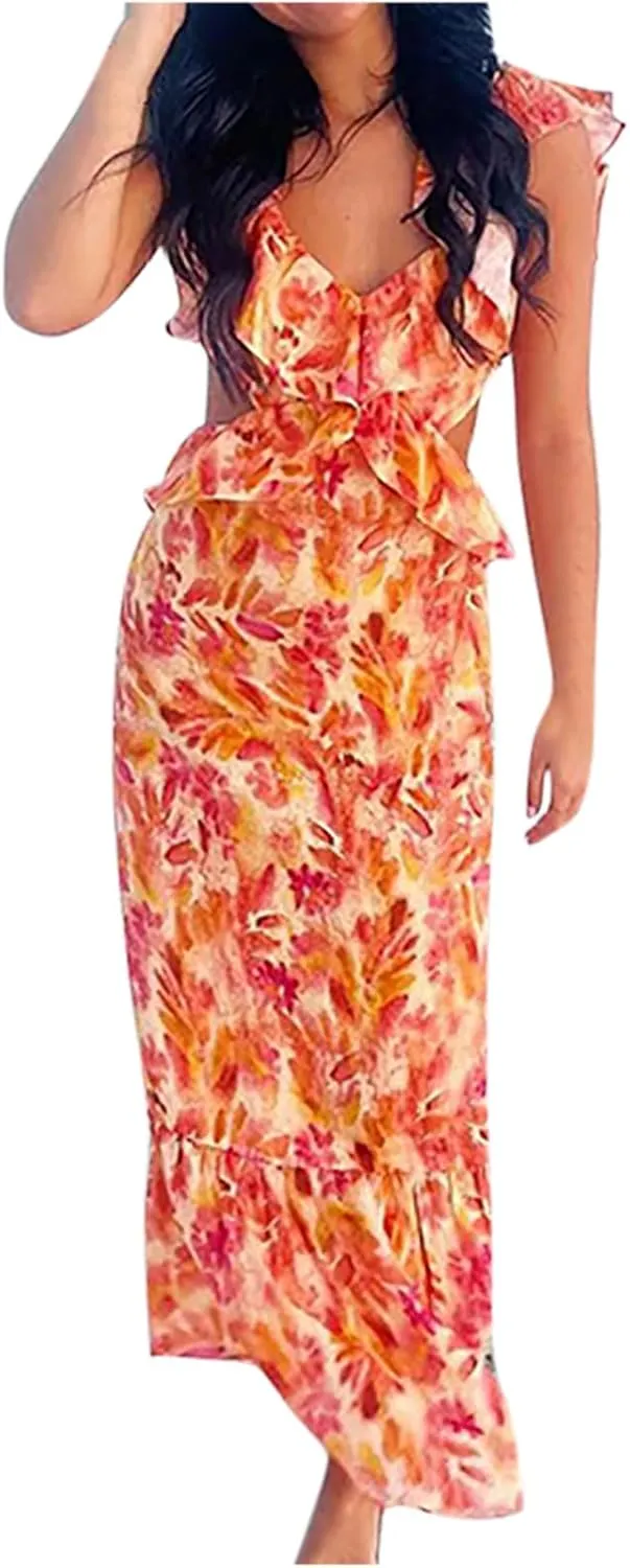 Womens Deep V Neck Halter Sleeveless Mini Dress Backless Boho Floral Print Ruffle Hem Flare Dresses Flowy Spring Summer Dress