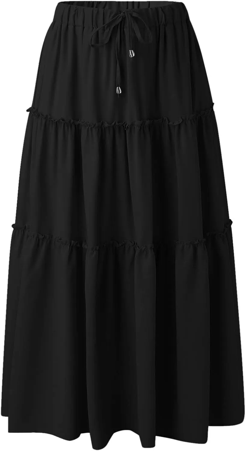 Womens Elastic High Waist Boho Maxi Skirt Ruffle A Line Swing Long Skirts Knee Length Pleated Dresses Summer Holiday