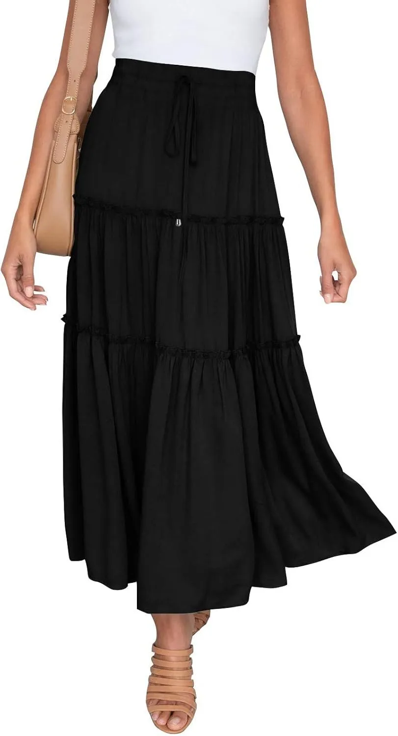 Womens Elastic High Waist Boho Maxi Skirt Ruffle A Line Swing Long Skirts Knee Length Pleated Dresses Summer Holiday