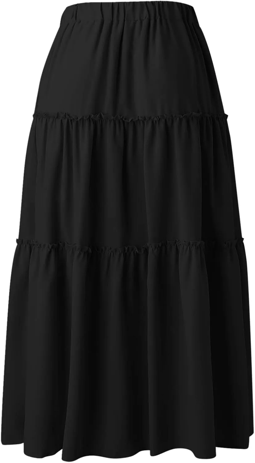 Womens Elastic High Waist Boho Maxi Skirt Ruffle A Line Swing Long Skirts Knee Length Pleated Dresses Summer Holiday