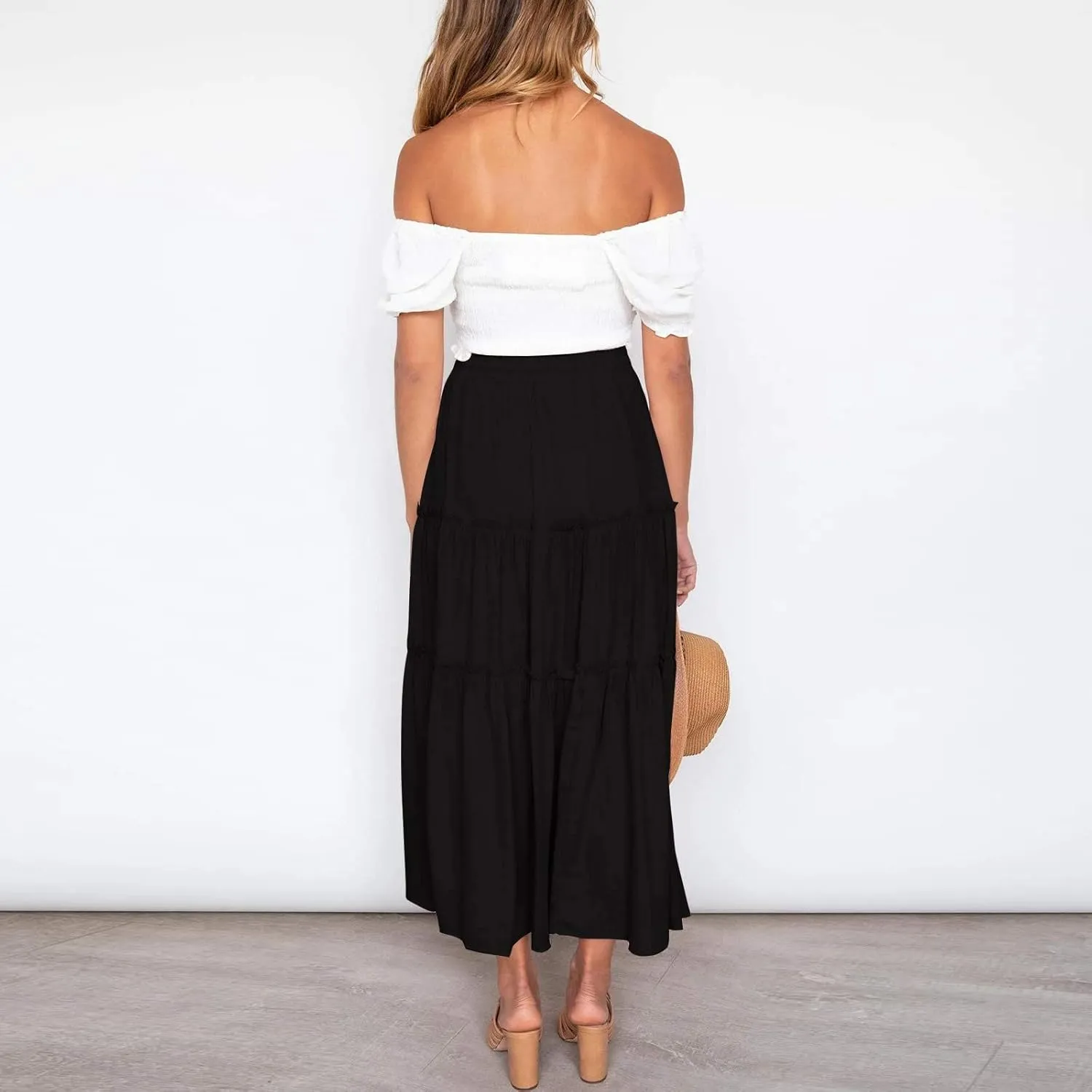 Womens Elastic High Waist Boho Maxi Skirt Ruffle A Line Swing Long Skirts Knee Length Pleated Dresses Summer Holiday