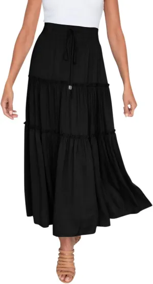 Womens Elastic High Waist Boho Maxi Skirt Ruffle A Line Swing Long Skirts Knee Length Pleated Dresses Summer Holiday