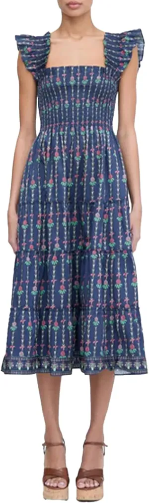Women's Floral Midi Dress Ruffle Sleeveless Square Neck A Line Smocked Flowy Tiered Long Dress