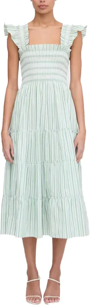 Women's Floral Midi Dress Ruffle Sleeveless Square Neck A Line Smocked Flowy Tiered Long Dress