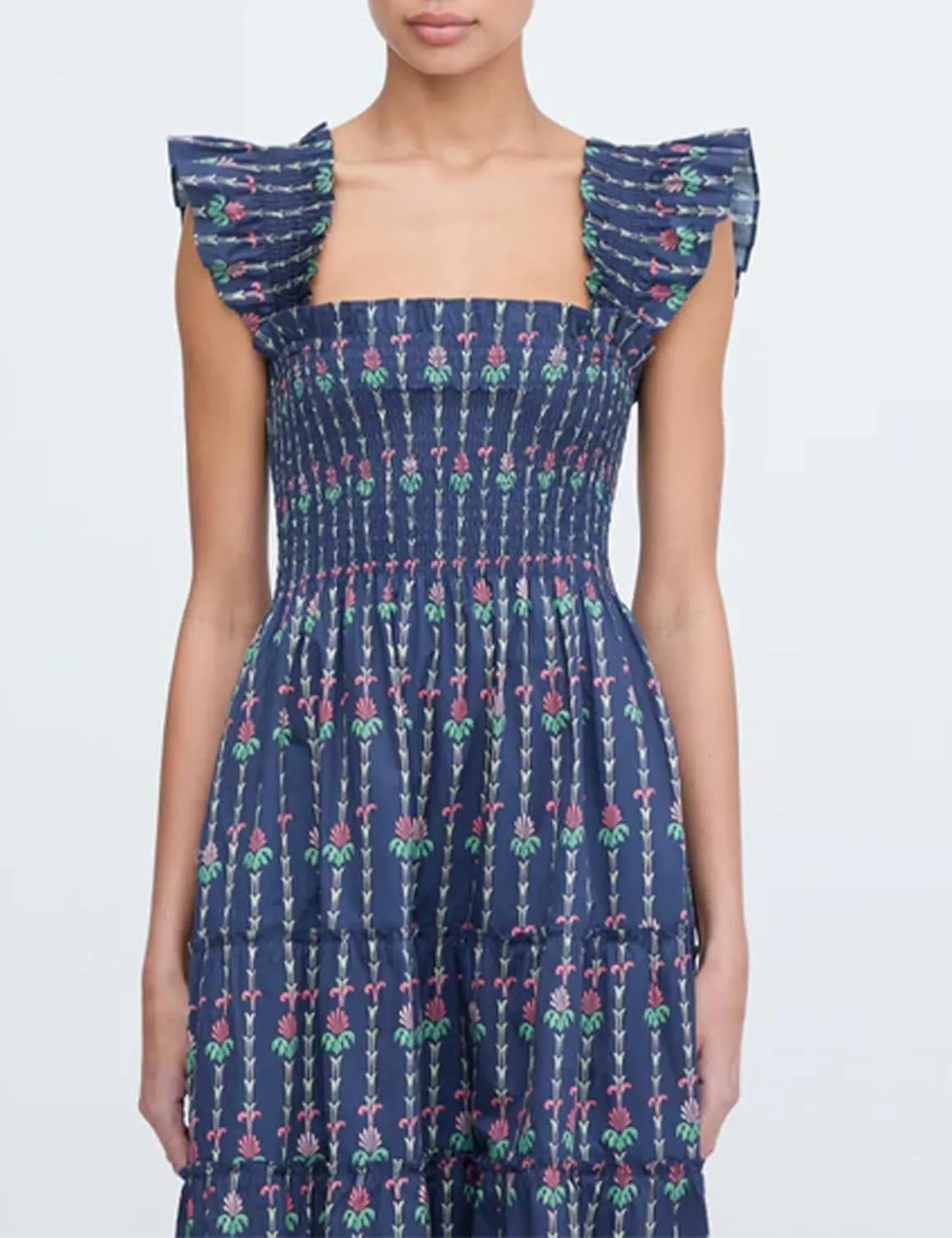 Women's Floral Midi Dress Ruffle Sleeveless Square Neck A Line Smocked Flowy Tiered Long Dress