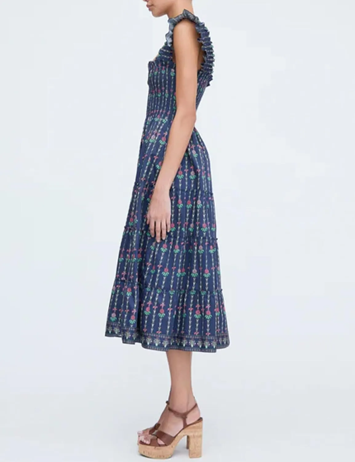 Women's Floral Midi Dress Ruffle Sleeveless Square Neck A Line Smocked Flowy Tiered Long Dress