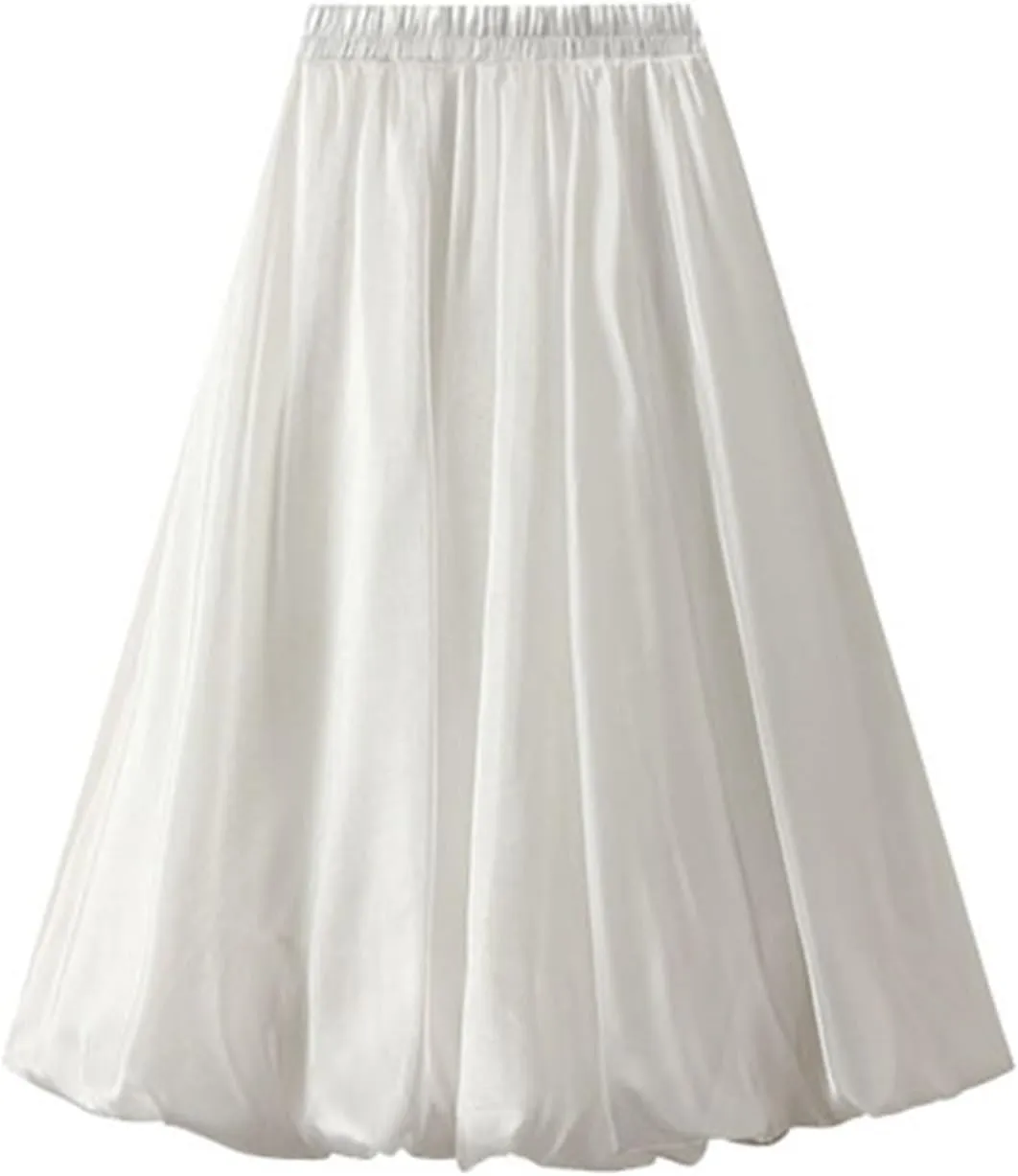 Womens Floral Print Midi Tulle Skirts High Waist Layered A-Line Mesh Chiffon Tutu Long Skirt Girls Fairy Tiered Skirt