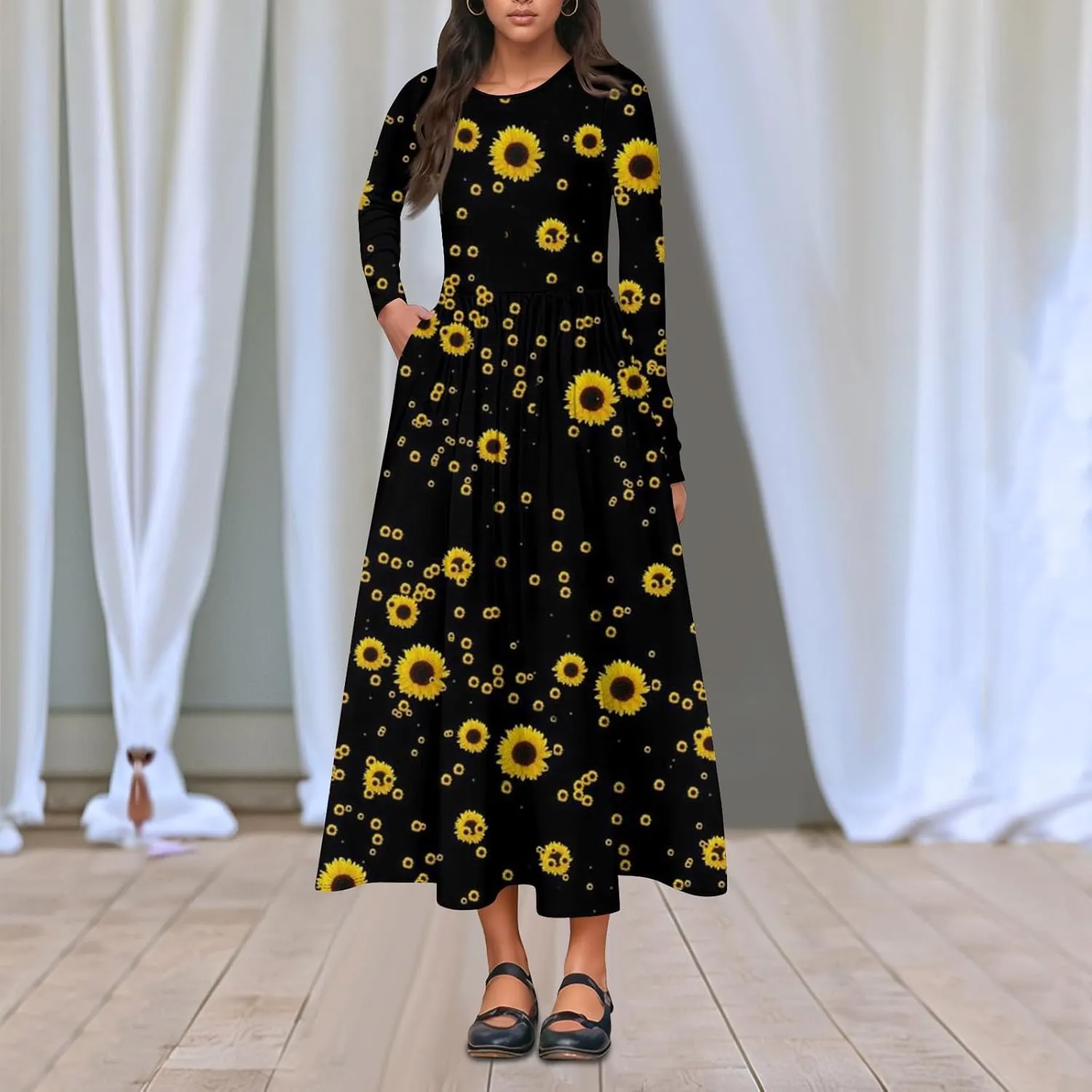 Women's Floral,Gradient Print Midi Boho Dress Casual Long Sleeve Flowy Smocked Dresses with Pocket Fashion