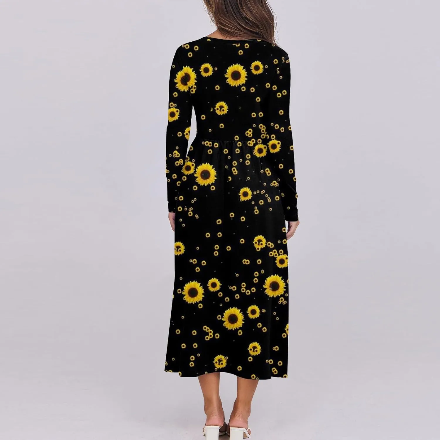 Women's Floral,Gradient Print Midi Boho Dress Casual Long Sleeve Flowy Smocked Dresses with Pocket Fashion
