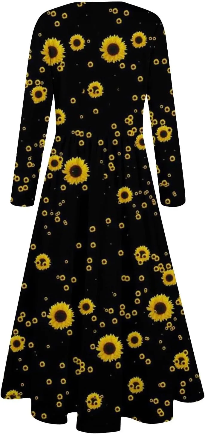 Women's Floral,Gradient Print Midi Boho Dress Casual Long Sleeve Flowy Smocked Dresses with Pocket Fashion