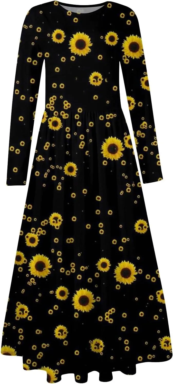 Women's Floral,Gradient Print Midi Boho Dress Casual Long Sleeve Flowy Smocked Dresses with Pocket Fashion