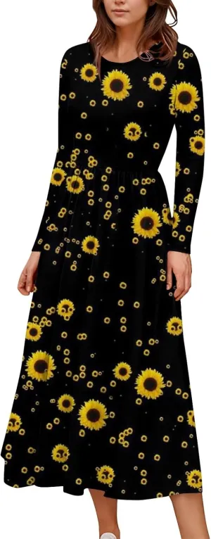 Women's Floral,Gradient Print Midi Boho Dress Casual Long Sleeve Flowy Smocked Dresses with Pocket Fashion
