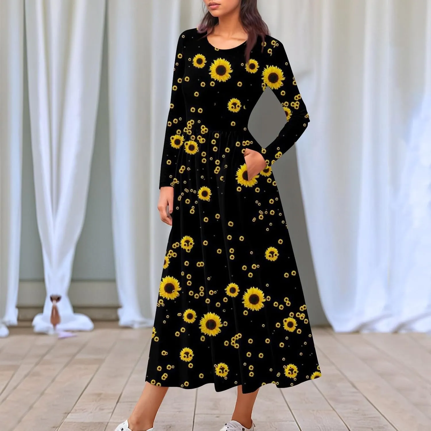 Women's Floral,Gradient Print Midi Boho Dress Casual Long Sleeve Flowy Smocked Dresses with Pocket Fashion