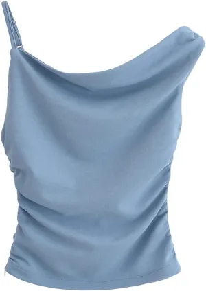 Women's Folded Asymmetric Tank Top Casual Slim Fit Round Neck Sleeveless Solid Color Camisole